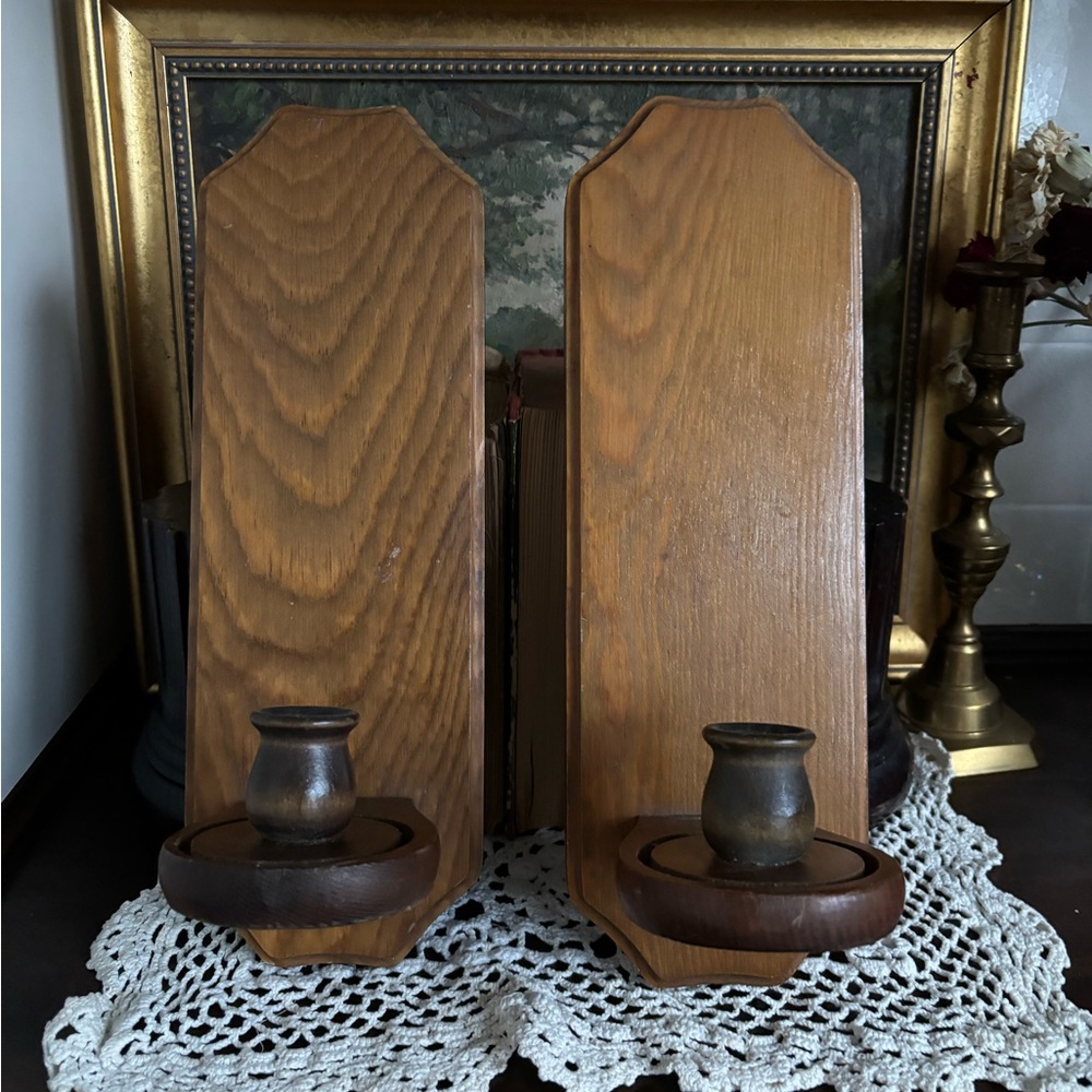 Pair of Vintage Wooden Wall Sconce Candle Holders